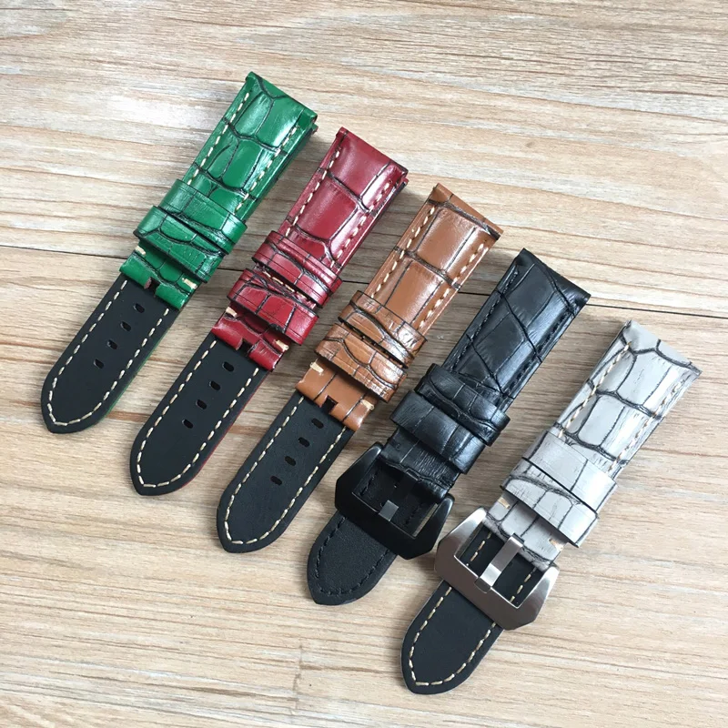 

New Fashion 24mm Black Brown Green Red Gray Crocodile Pattern Genuine leather Watchband For Panerai Wacth Strap PAM111 Bracelet