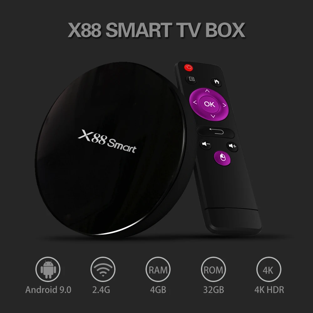Android 9,0 Smart tv box X88 smart 4G ram 32GB rom RK3328 четырехъядерный высокоскоростной 2,4G WIF 1080P 4K VP9 телеприставка с пультом дистанционного управления