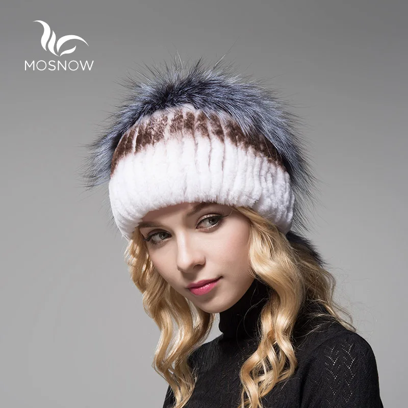 Новая русская меховая женская шапка зимние шапки для женщин из меха кролика рекс с помпонами лисы в полоску Роскошные шапочки - Цвет: ae0