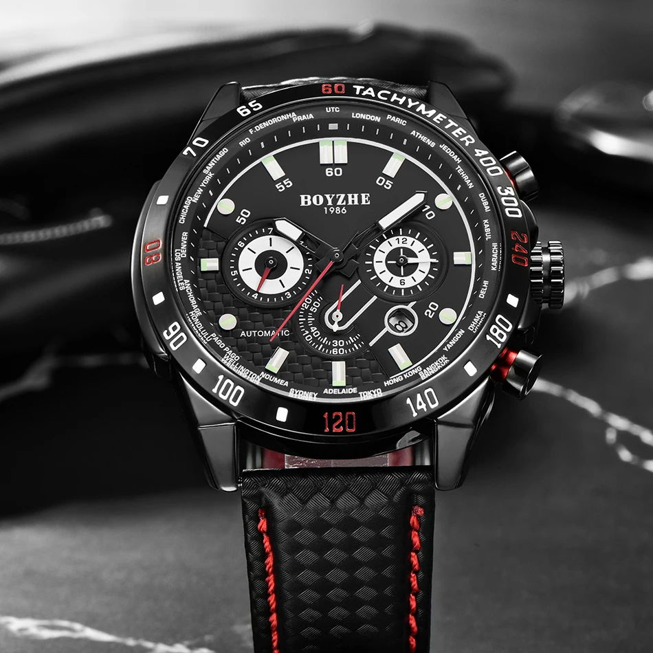 

BOYZHE Sports Watch Men Automatic Waterproof Mechanical Watches Leather Chronograph Clock Men relogios masculino Drop shipping