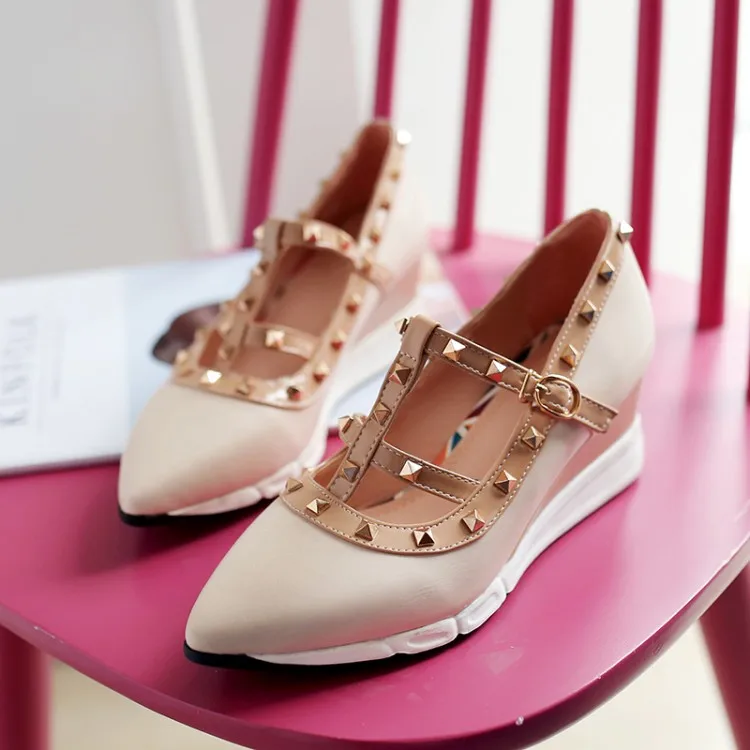 ZawsThia/ г. осенне-летняя модная женская обувь синего и розового цвета туфли-лодочки на высоком каблуке с острым носком на танкетке обувь с Т-образным ремешком и заклепками