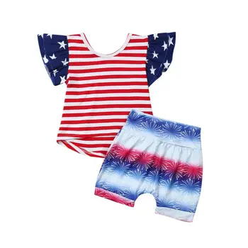 

0-24M Kids Baby Unisex 4th of July Outfits Set Ruffle Sleeve American Flag Stars T-Shirt + Fireworks Shorts Clothing Sets
