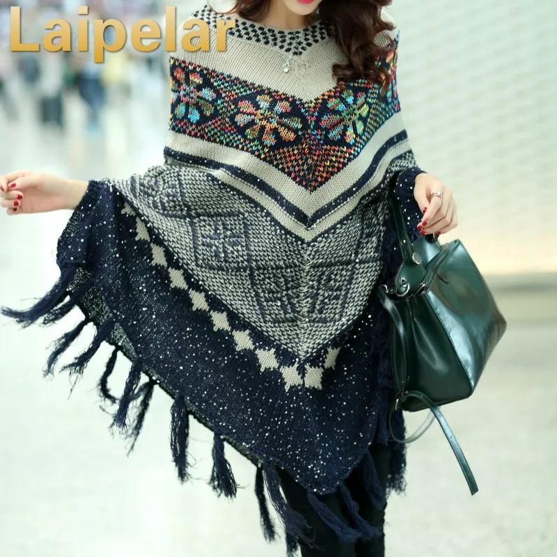 

Winter Casual Sweater Women Knitted Poncho Tassel Thick Sweaters Pullover Batwing Sleeve Jumper Striped Sleeveless Plus Size
