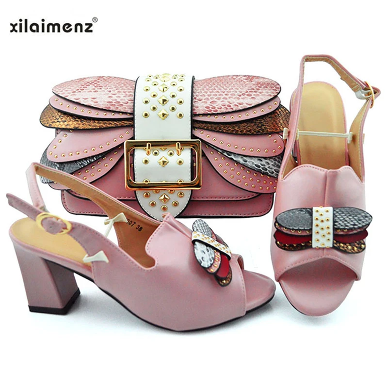 

2019 INS Hot Selling New Pink Color Fashion Woman Shoes And Matching Bag Set Italian Style Pumps Shoes And Bag Set For Party