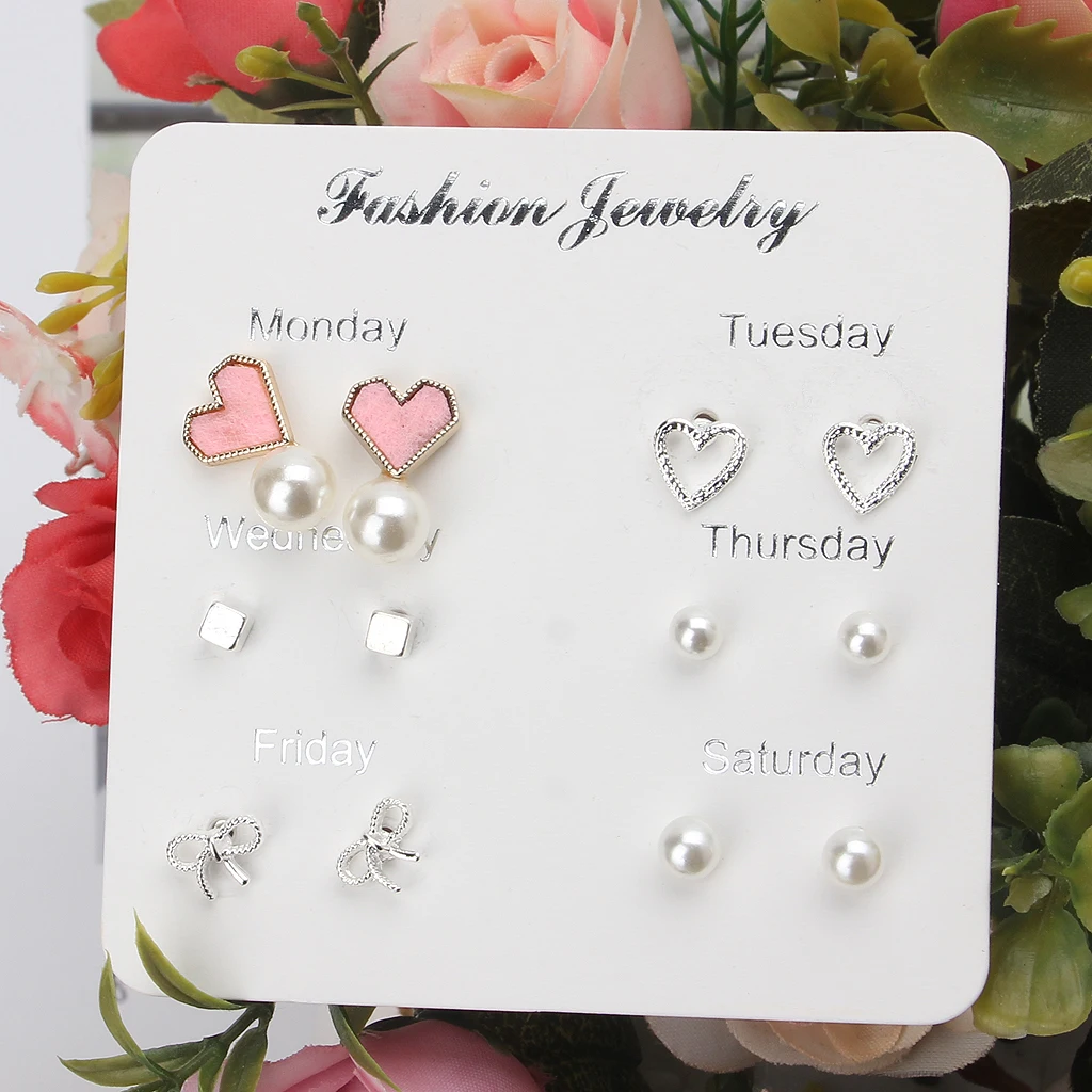 

6 Pairs Assorted Leaf Stars Heart Crystal Stud Earrings One Week Earrings Kit