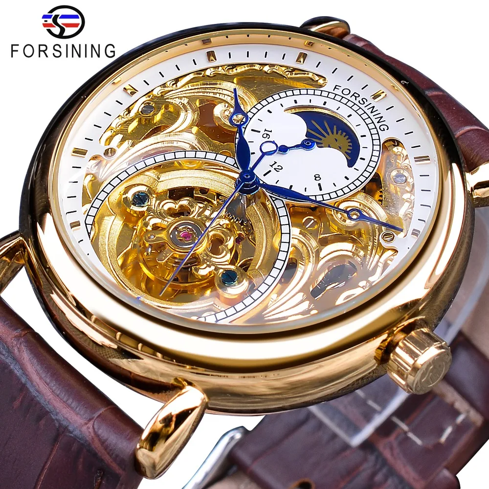 Forsining белый золотой дисплей коричневый Натуральная кожа Moonphase дизайн модные синие руки Мужские механические часы лучший бренд класса люкс