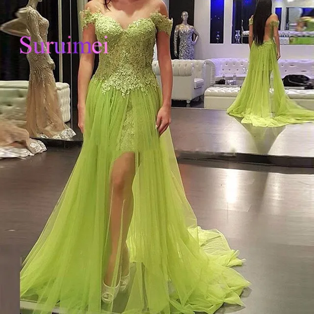 

2019 Spring A Line Sweetheart Shortsleeve Appliques Green Lace Prom Dresses Backless High Slit Women Formal Party Gowns