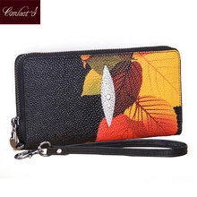 Vintage Print Floral Frauen Brieftaschen Multifunktions Hohe Kapazität Echtem Leder Brieftasche Telefon Clutch Geldbörse Zip Lange Armband