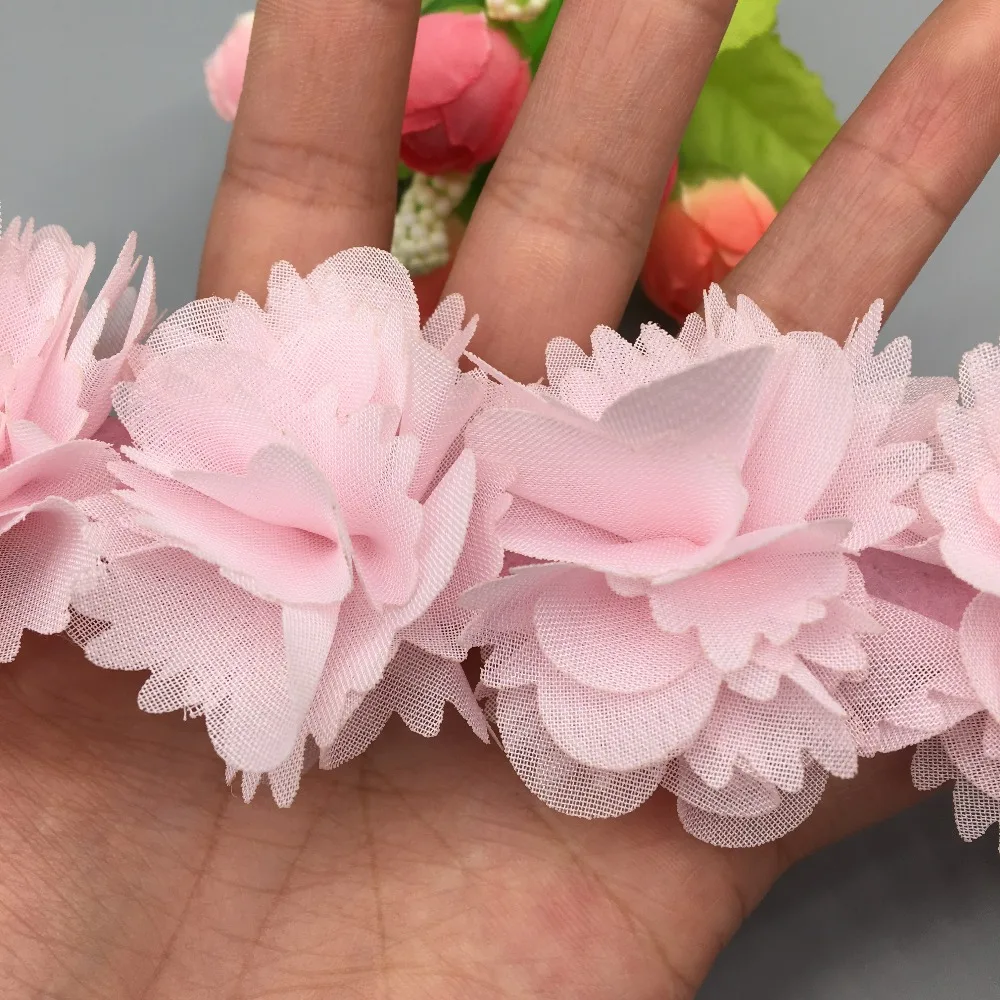 1 ярд розовый шифон 3D Цветы кружевная отделка ручной работы отделка невесты свадебное платье детская одежда аппликация шитье ремесла украшения
