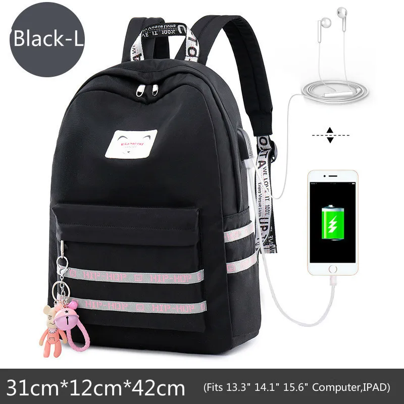 Трендовые рюкзаки для девочек в кампусе, сумки для книг для подростков, школьные сумки для студентов, школьные рюкзаки для девочек, эргономичный рюкзак с Usb - Цвет: Black-L