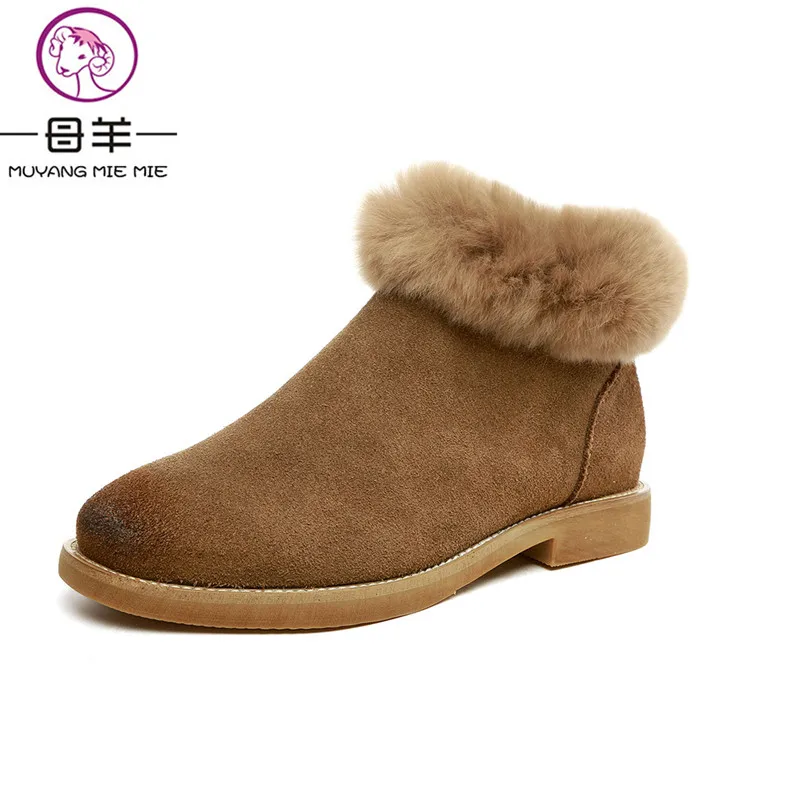 

MUYANG MIE MIE Winter Women Shoes Woman Nubuck Suede Leather Flat Snow Boots Female Rabbit Velvet Warm Ankle Boots Women Boots