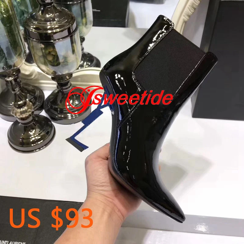 

Women Fashion wild black Patent leather Brand high heel motorcycle boots decoration Pointed Designer heeled ankle boots
