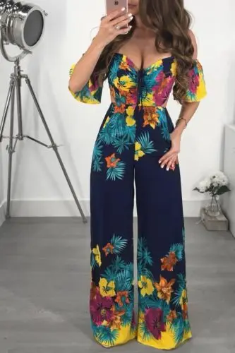 

Boho Womens Off Shoulder Casual Playsuit Short Ruffles Sleeve Party Jumpsuit summer Ladies Long Rompers Playsuit