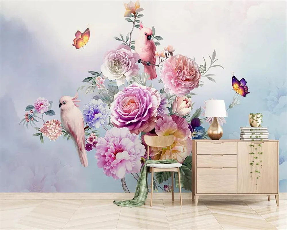 Beibehang Custom wallpaper hand-painted vintage rose parrot TV background wall European style living room bedroom 3d wallpaper