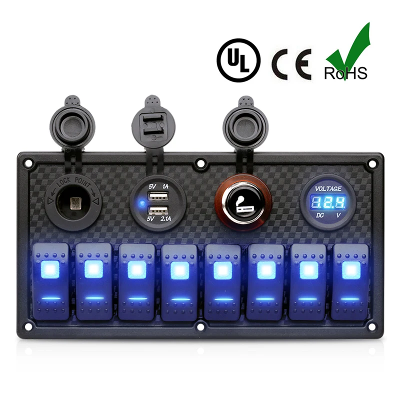 

12V 24V USB Cigarette Lighter Voltage 8 Gang Rocker Switch Panel Blue LED Light Marine Boat Car RV Waterproof Circuit Breaker