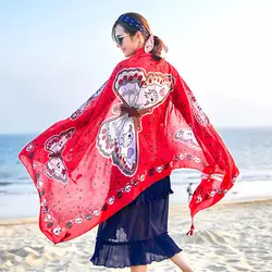 Корея моды Большой Бабочка печать летнее пляжное полотенце шарф Роскошные Для женщин шелковые шарфы леди девушка Праздник Защита от