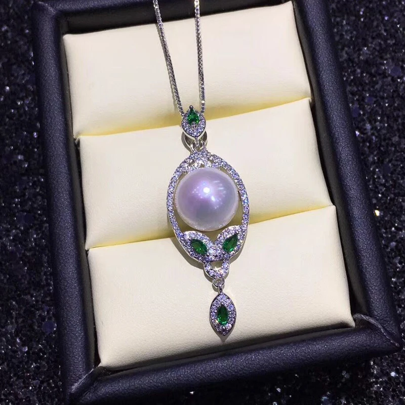

925 sterling silver necklace for women Natural freshwater pearl necklaces pendants green Zircon chain Bohemian jewelry Wedding