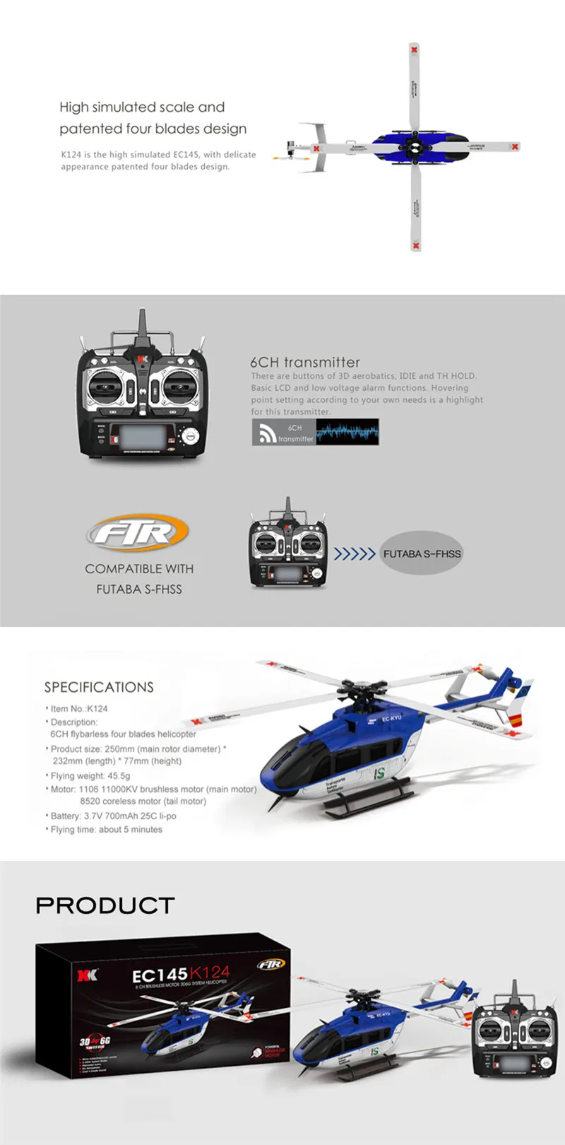 XK K124 2,4G 6CH бесщеточный EC145 3D6G система Радиоуправляемый вертолет 4 шт. 3,7 V 700mAh Lipo версия батареи совместима