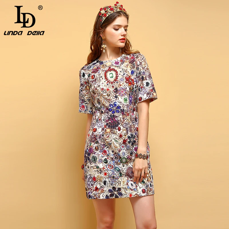 Billig LD LINDA DELLA 2019 Sommer Mode Kleid frauen Wunderschöne Kristall Perlen Printed Elegante Vintage Urlaub Damen Mini Kleider