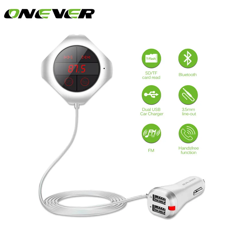 

Onever 6 in 1 Bluetooth Car Kit Hands Free FM Transmitter Dual USB Car Charger 3.5mm Line-in Support SD/TF Card Read Music Play