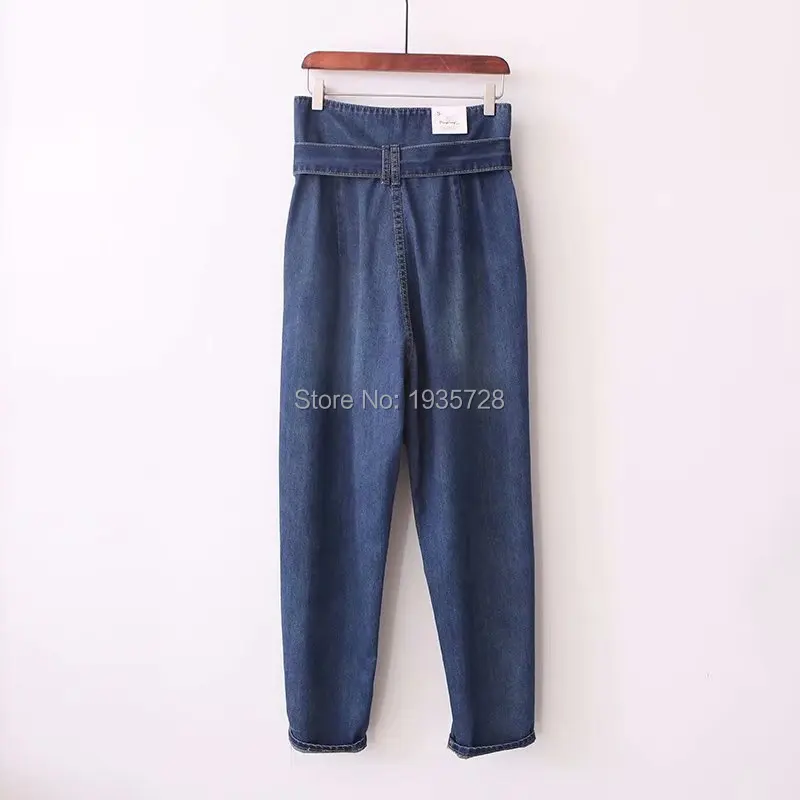 Women Vintage Dark Blue/Grey High Waist Jeans/Denim Pants With Matching Buckle Belt- Fall Ladies Fashion Casual Trousers