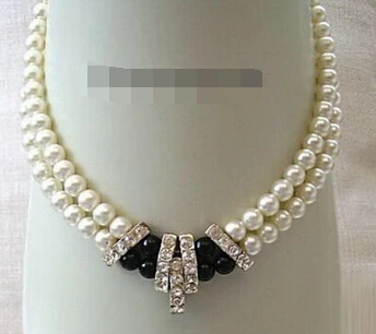 

zj 00024 2 Rows White Pearl Black Agate 18KWGP Crystal Pendant Necklace