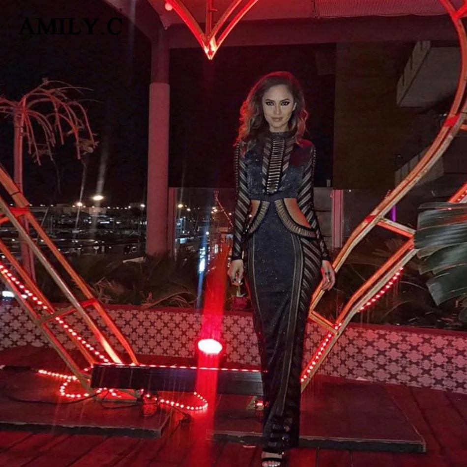 

Amily.c 2019 Summer New Sexy Black Long Dress Long Sleeve Hollow Bodycon Perspective Dress Fashion Celebrity Party Party Dress