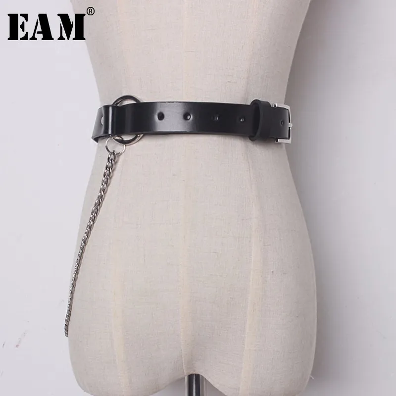 

[EAM] 2019 New Spring Solid Color Black Pu Leather Chain Loose Long Belt Women Fashion Tide All-match Cool JE23901