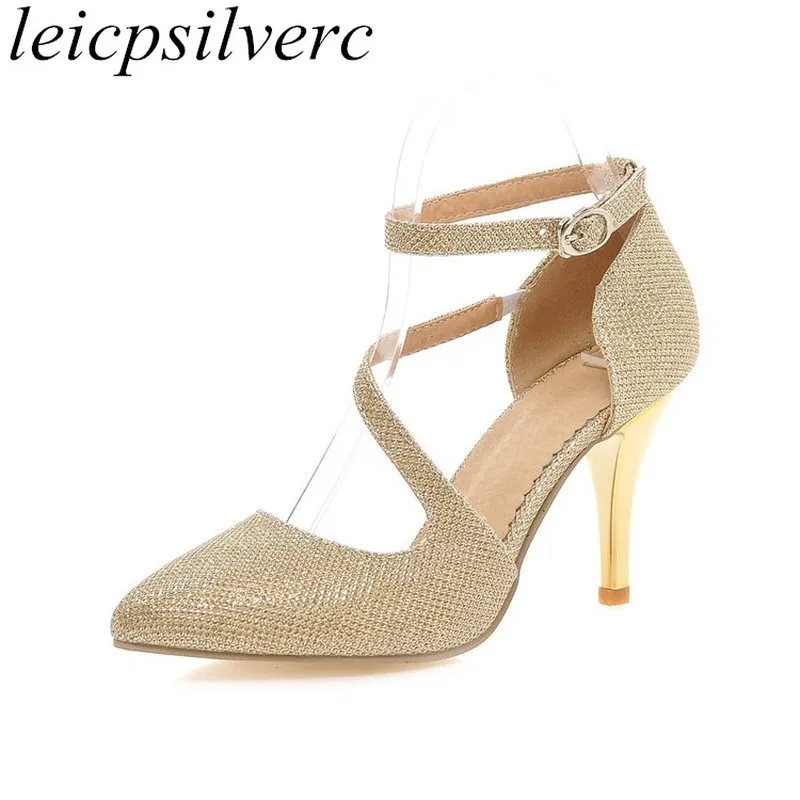 

Women Pumps Shoes High Heels Sexy New Fashion Thin Heels Pointed Toe 2018 Spring Autumn Buckle Party Wedding Shoes Silver Gold