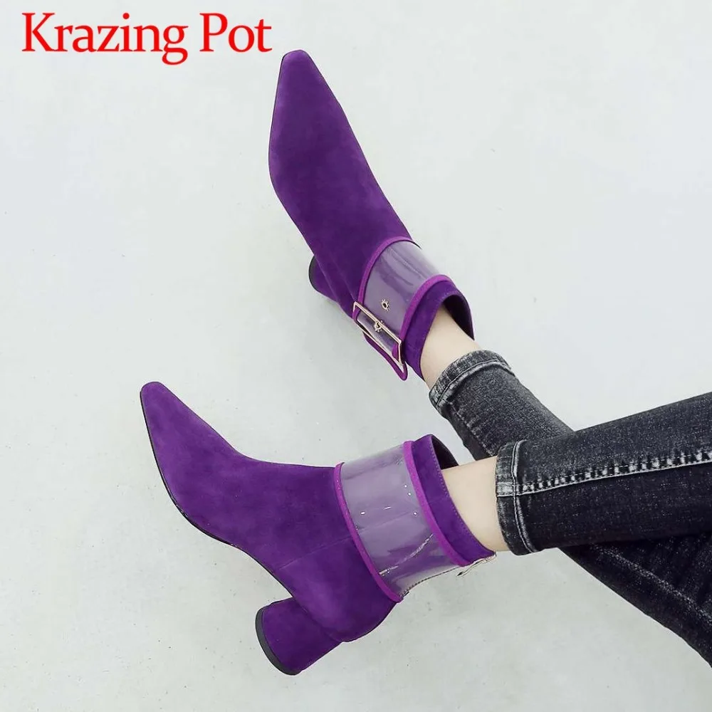 

Elegant lady luxury british style kid suede fashion pvc buckle belt design med heels square toe med heels zipper ankle boots L19