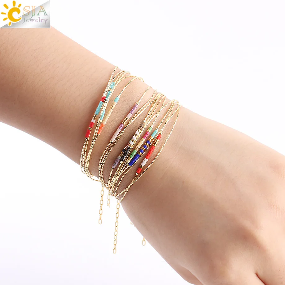 CSJA Multicolor Miyuki Bracelets for Women 2-layer Cute Mini Delica Beads Bracelet Jewelry Adjustable Gold Color Link Chain S187