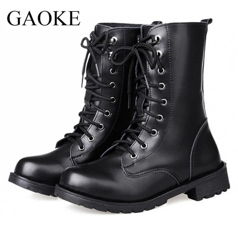 Phụ nữ Mắt Cá Chân Khởi Động 2016 Mùa Xuân Mùa Thu Mưa Boot Leather Lace Up Giày Đất Punk Đen Colors Cộng Với Kích Thước zapatos mujer