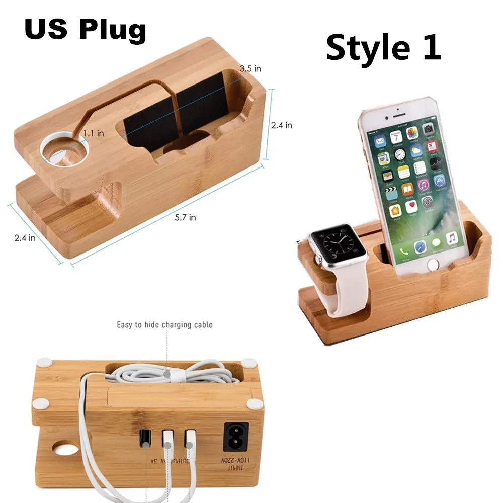 Зарядное устройство для сотового телефона, док-станция с держателем для часов, настольная подставка из бамбукового дерева для Apple Watch, зарядное устройство для iPhone 7 8 Plus X, зарядное устройство - Цвет: style 1 with usb US
