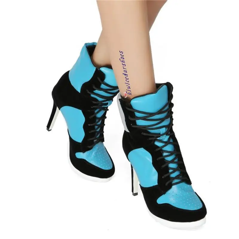 

Peacock Blue Sporty Lace-up Women's Ankle Boots Short Plush Leather Runway Martin Boots Thin High Heel Pointed Toe Shoes Woman