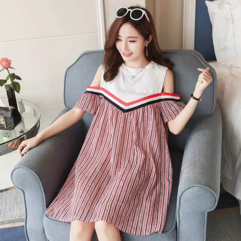 

Patchwork Striped Maternity Dress Summer Fashion Off Shoulder Clothes for Pregnant Women Pregnancy Casual Sundress