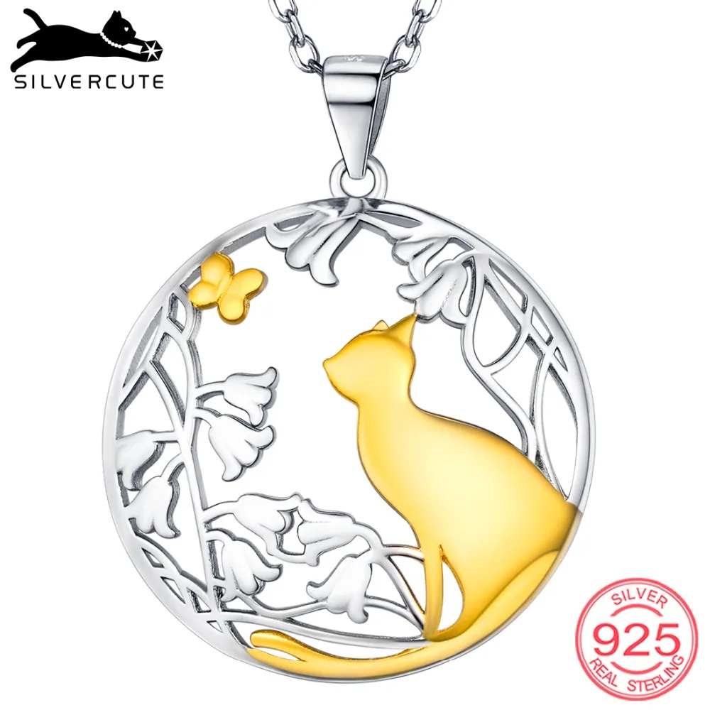 

SILVERCUTE Cat in the Garden Necklace For Women 925 Sterling Silver Fine Jewelry Lily of the Valley & Kitty Pendant SCP6453BK