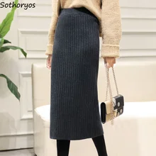 Женские юбки, осень, высокая талия, одноцветная, простая, подходит ко всему, корейский стиль, элегантная юбка для женщин, s, длинная, Вязанная, тонкая, модная, шикарная