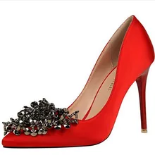 Fashion Sexy Glitter Evening Party Pumps Pointed Toe Rhinestones Satin Stiletto Wedding Shoes Prom Heels Flower