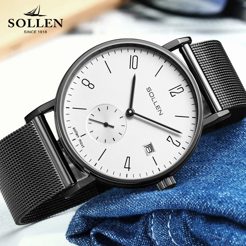 

Brand SOLLEN Luxury Quartz Men Watch Stainless Steel Mesh Strap Small Hand Woks Ultra Thin Dial Sport Clock Relogio Masculino