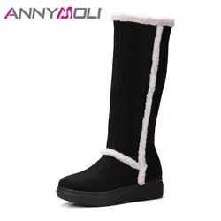 ANNYMOLI/зимние женские сапоги до колена, высокие сапоги на молнии, на плоской платформе, с круглым носком, на среднем каблуке, женская обувь