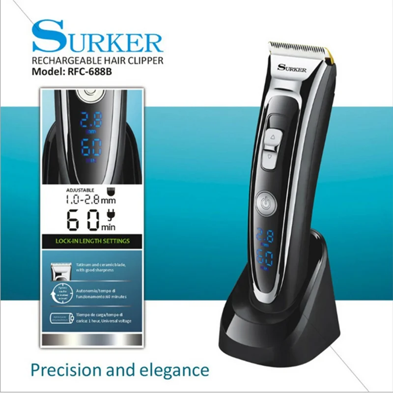 SURKER Professional Hair Clipper LCD Display Barber Mute Electric Shears Ceramic Knife Fast Charge With Pedestal Fashion Styling