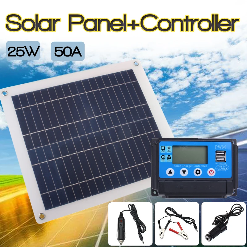 

50A Solar Charge Controller Regulator + 25W Solar Panel 12/24V Portable Power Bank Board Automatic Identification PWN Battery