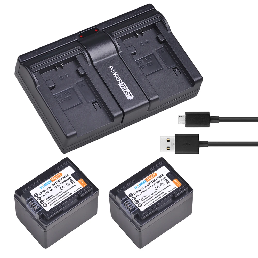 

3000mAh BP-727+ BP727 2pcs Camera Battery + USB Dual Channel Charger For Canon HF R306 M506 R32 R48 R38 M52 M56 M60 R36 R46 R68