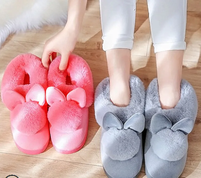 

Oeak Female Autumn and Winter Cotton Slippers Fur Rabbit Home Warm Thick Bottom Indoor Cotton Shoes 2018