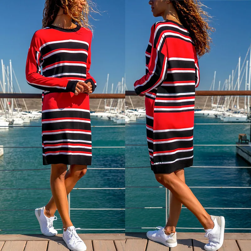 

Hot 2019 Women Fashion Long Sleeve Summer Dresses Loose Knee length Striped Beach Dresses for Work Wear NS9020