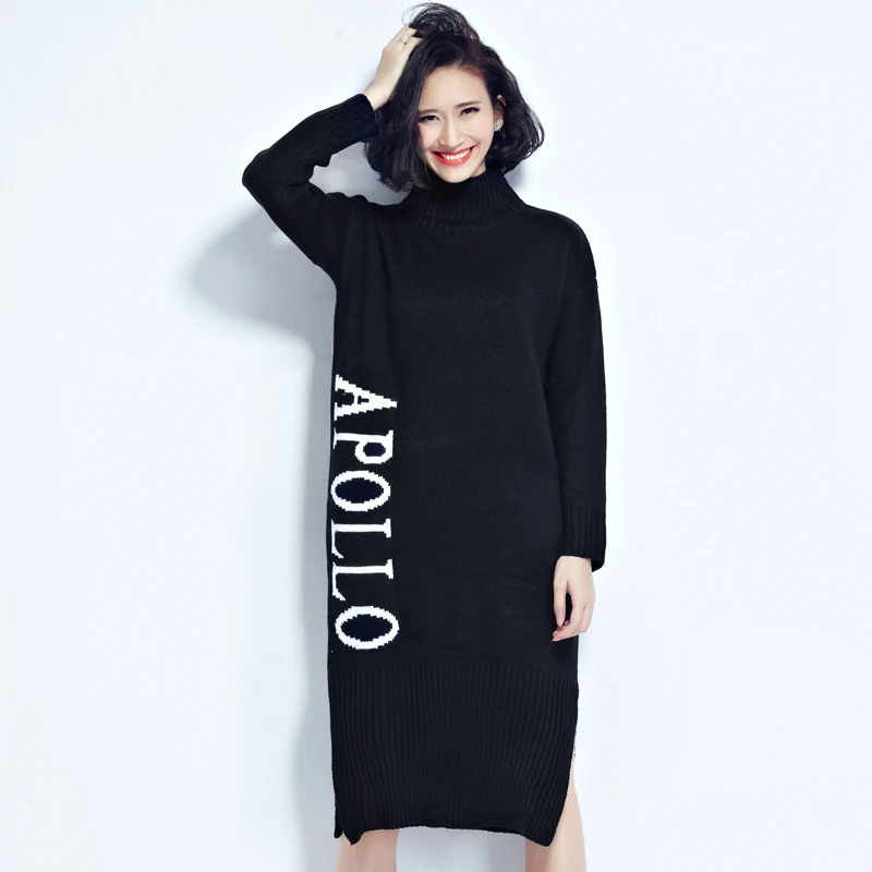 Cuello Largo Negro Alto Moda Invierno Suéter La Carta Las De Coreano Mujeres Marca Vestidos 2019 Otoño Primavera Bordado 77q8azPf