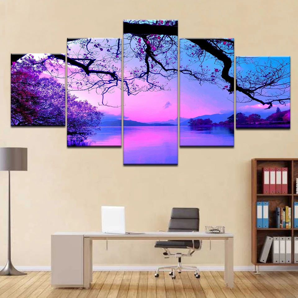 Холст Картина модульная картина 5 Панель фиолетового дерева рисунок озера Wall Art