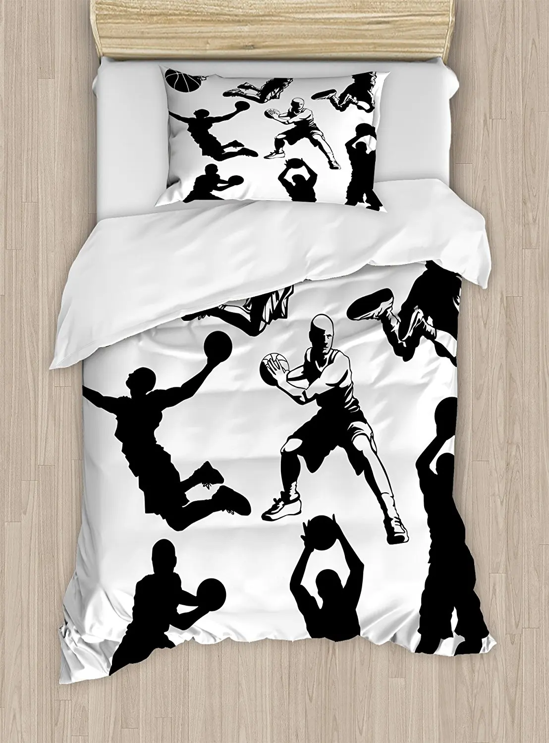 

Boy's Room Duvet Cover Set Athletic Muscular Men in Various Basketball Positions Competitive Sports Theme 4 Piece Bedding Set