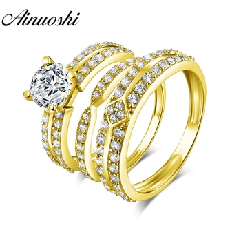 

AINUOSHI Real Gold TRIO Rings 14K Yellow Gold Couple Wedding Ring Set Double Row Pave Band Engagement Wedding Rings Set Jewelry