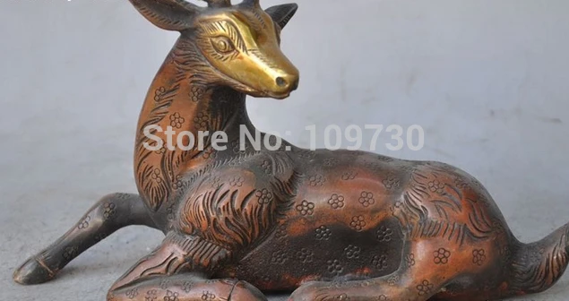 

003203 9.4" old chinese bronze copper gilt Sika deer lucky auspicious wealth statue